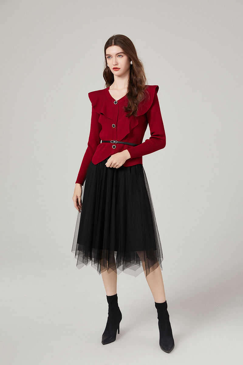 Women's V-Neck Lace Sweater & Mesh Dress Two-Piece Set