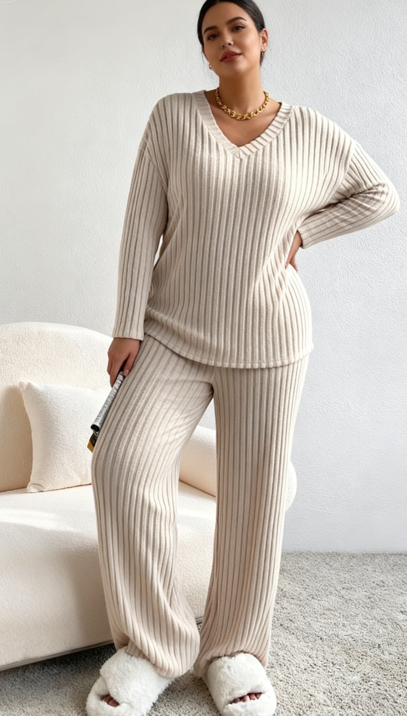 Women's Fall V-Neck Knit Two-Piece Set - Leisure Straight Leg Outfit
