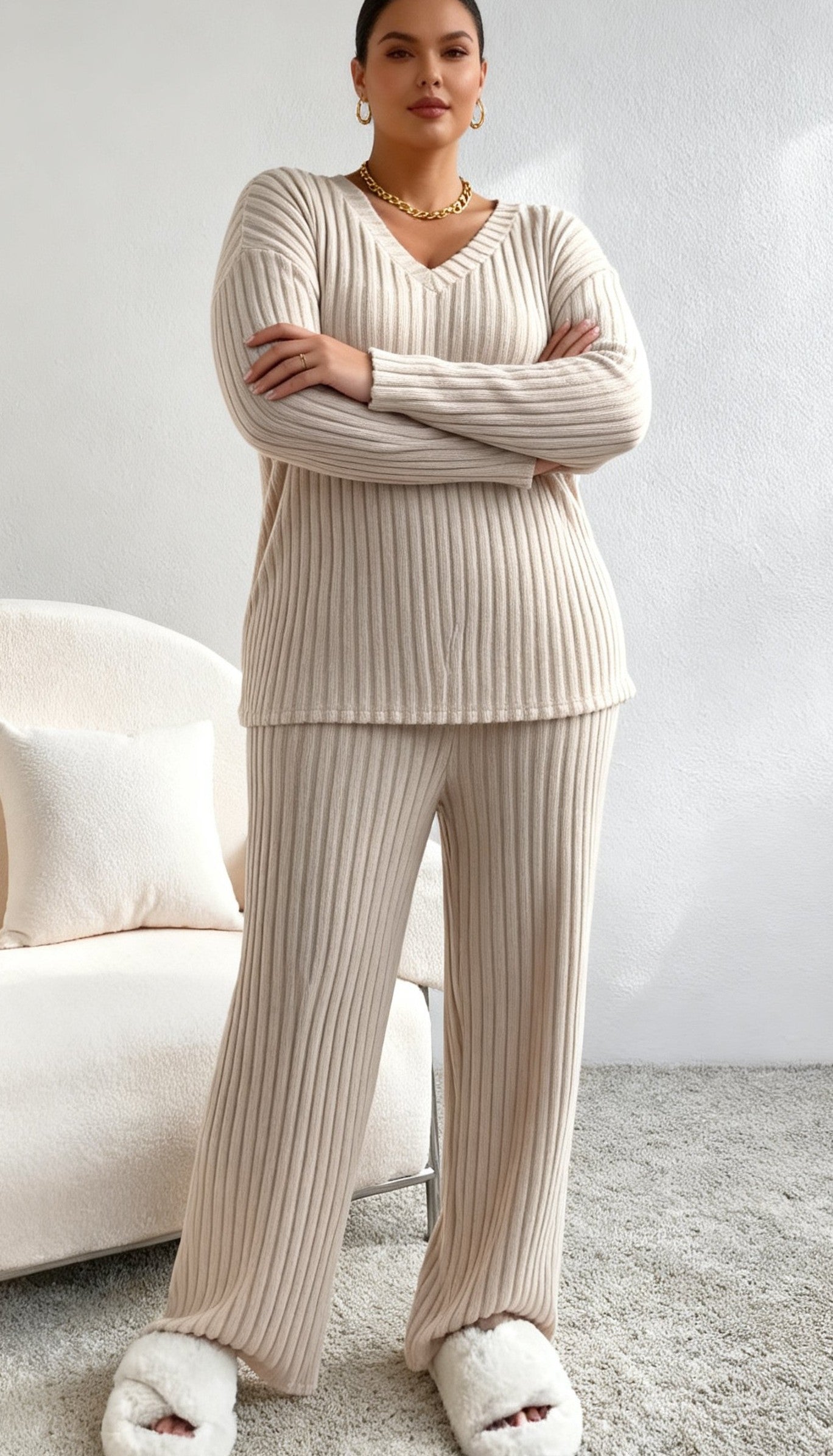 Women's Fall V-Neck Knit Two-Piece Set - Leisure Straight Leg Outfit