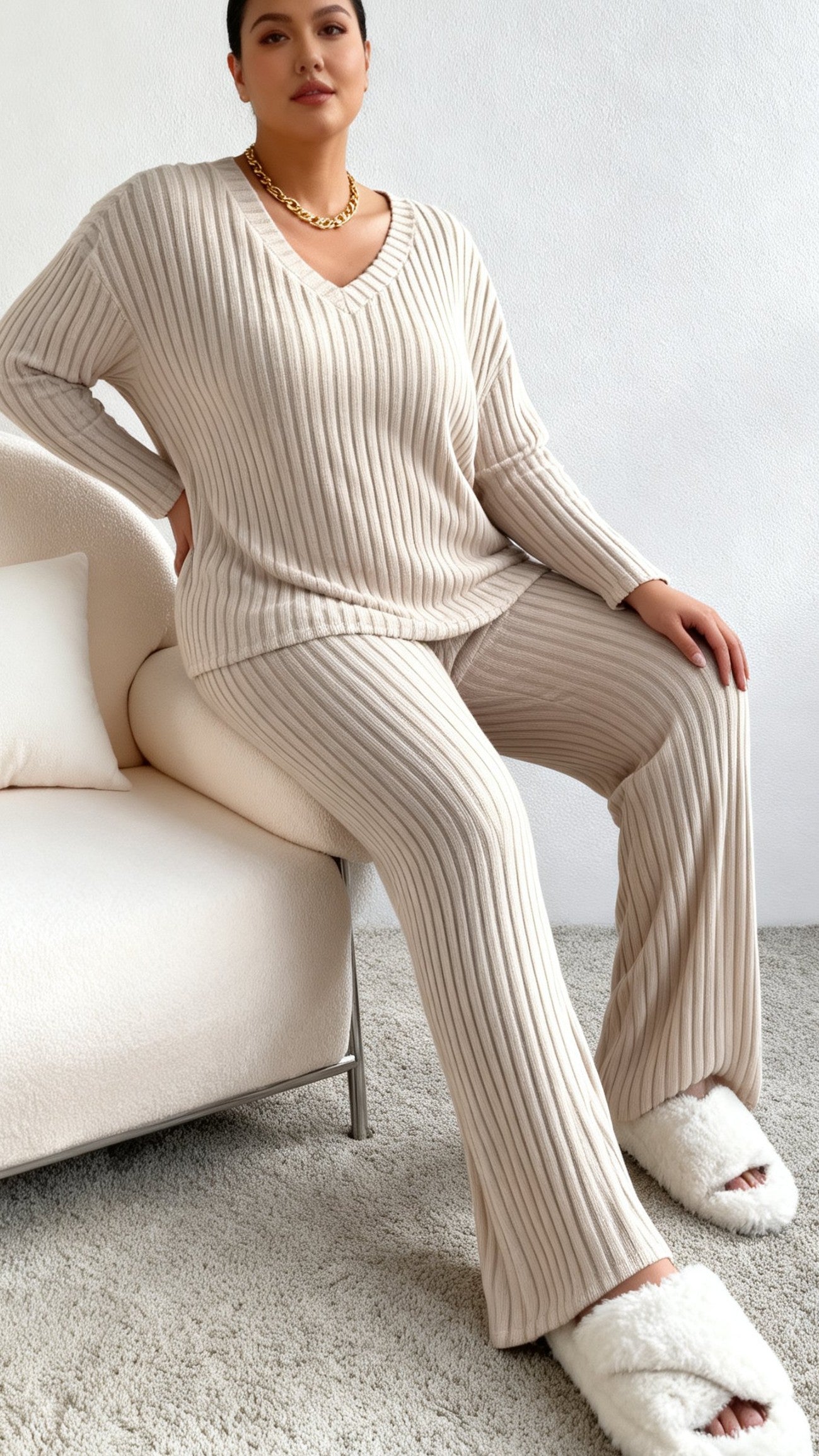 Women's Fall V-Neck Knit Two-Piece Set - Leisure Straight Leg Outfit