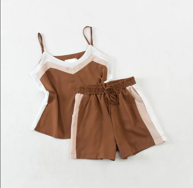 Fashion V-Neck Suspender Top & Wide-Leg Shorts Two-Piece Set
