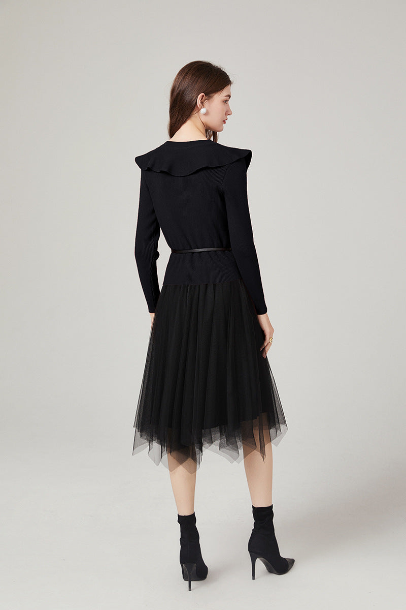 Women's V-Neck Lace Sweater & Mesh Dress Two-Piece Set