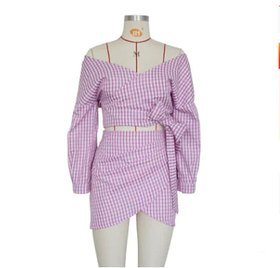 Women's Chiffon Two-Piece Set - V-Neck Top & Checkered Skirt