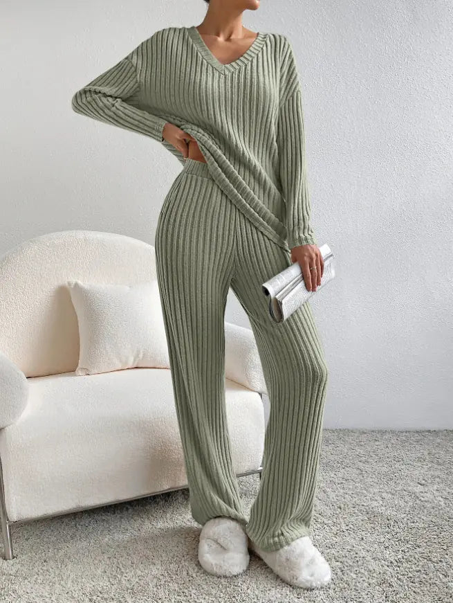 Women's Fall V-Neck Knit Two-Piece Set - Leisure Straight Leg Outfit
