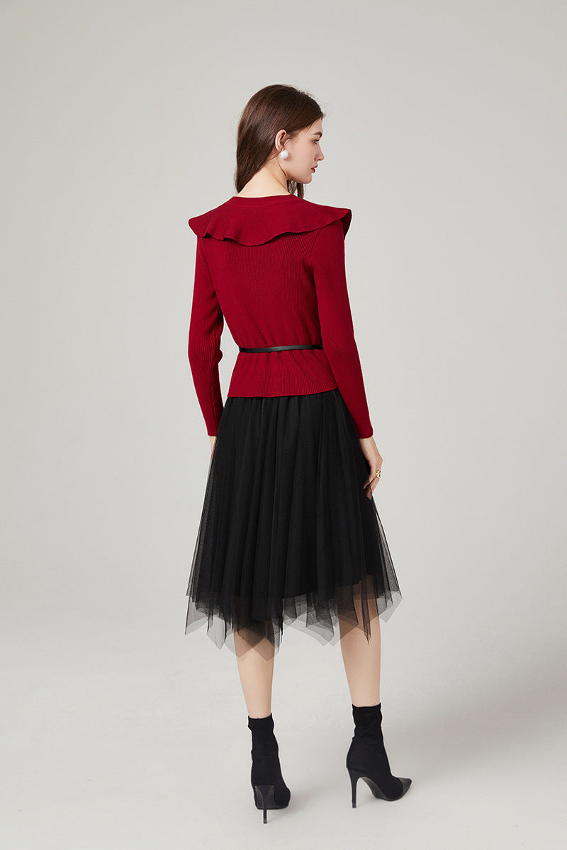 Women's V-Neck Lace Sweater & Mesh Dress Two-Piece Set