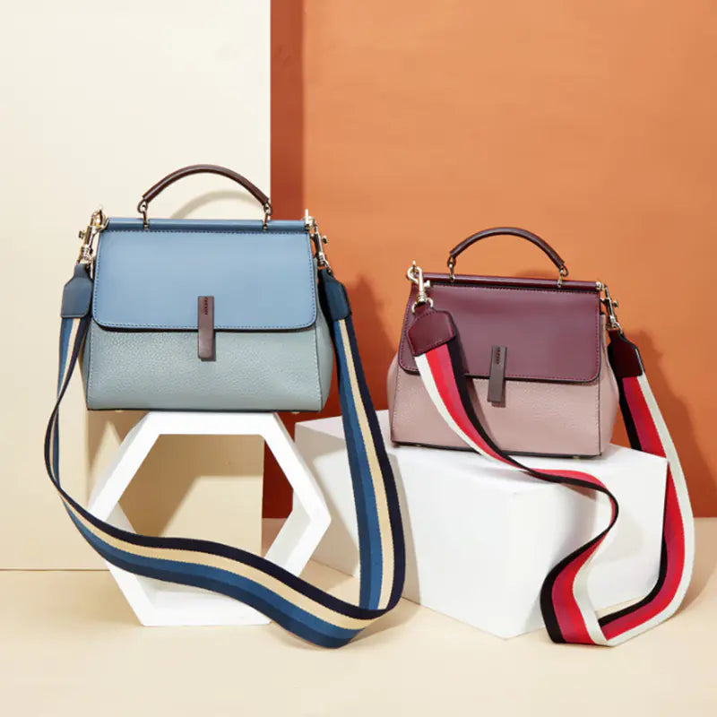 Structured Leather Crossbody Bag - Premium Cowhide Diagonal Shoulder Bag | 23cm Two-Tone Design