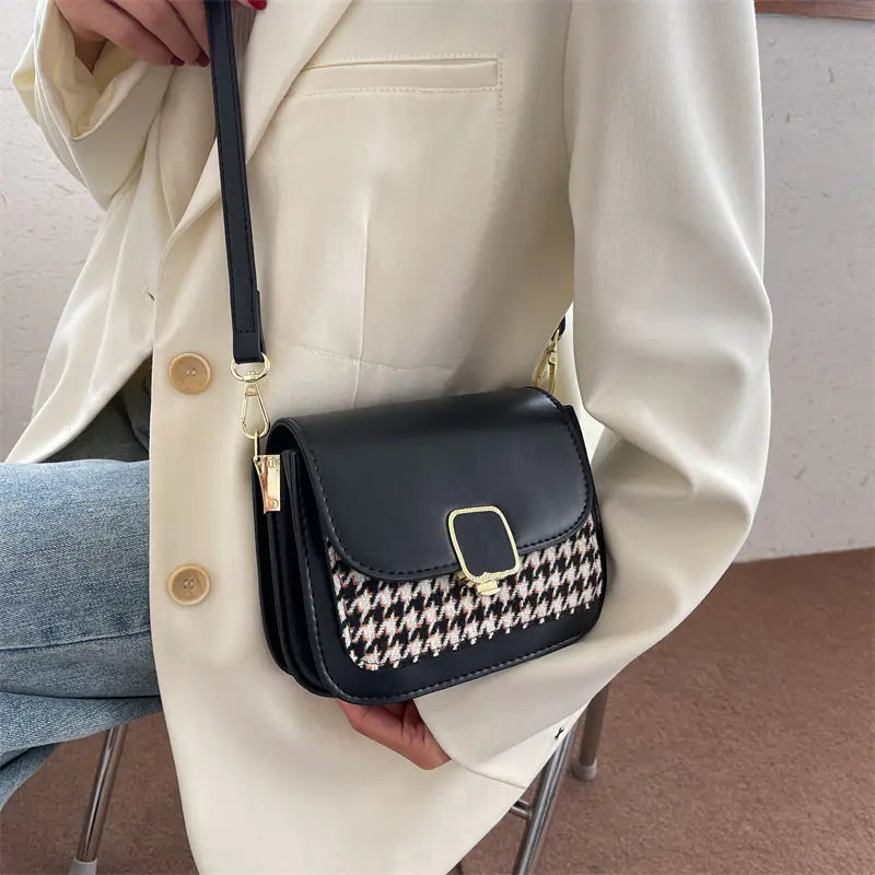 Houndstooth Woven Crossbody Bag - Trendy Square Messenger Bag | Lightweight 0.45kg Design
