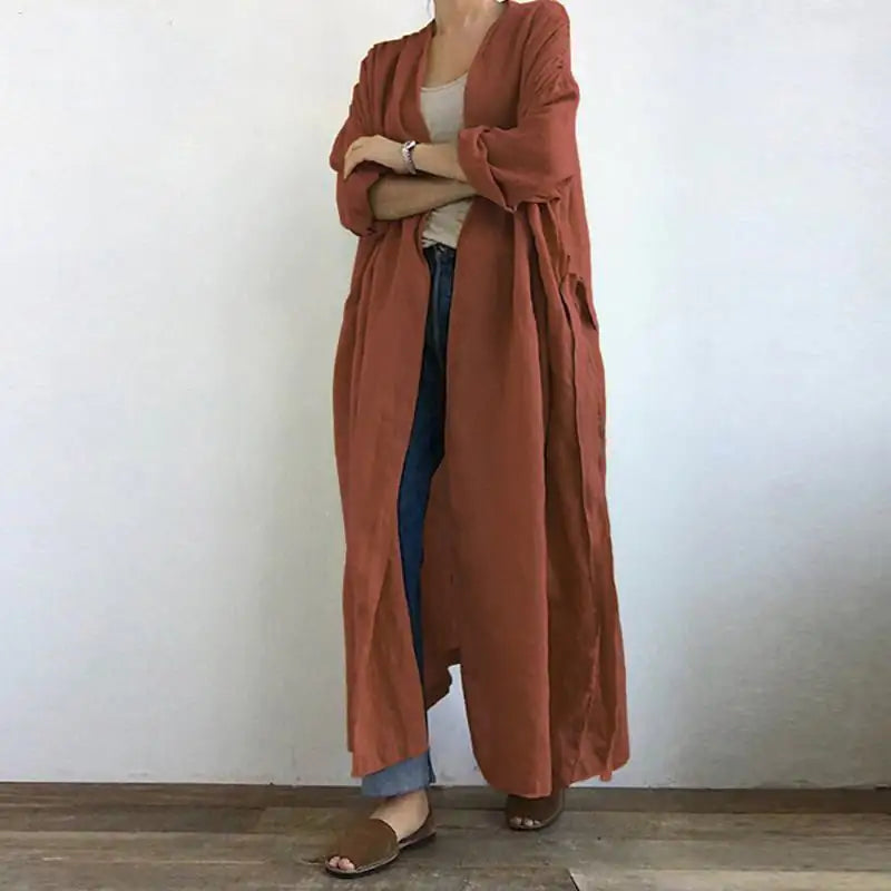Women's Casual Long Sleeve Trench Coat - Cotton Linen Blend