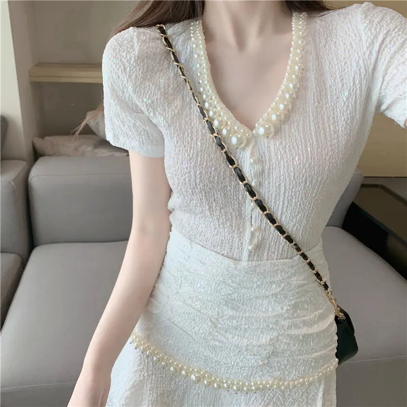 Fashion Vintage Two-Piece Set - V-Neck Top & A-Line Skirt