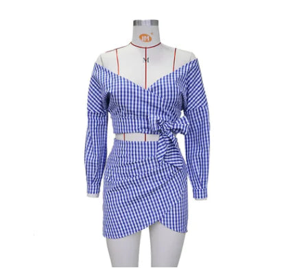 Women's Chiffon Two-Piece Set - V-Neck Top & Checkered Skirt