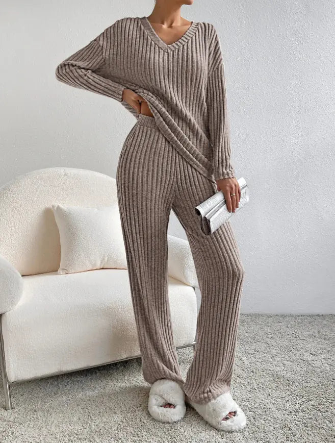 Women's Fall V-Neck Knit Two-Piece Set - Leisure Straight Leg Outfit