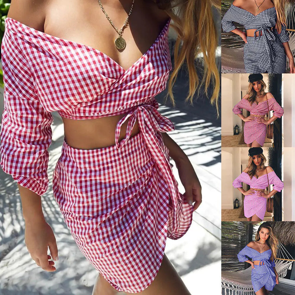 Women's Chiffon Two-Piece Set - V-Neck Top & Checkered Skirt