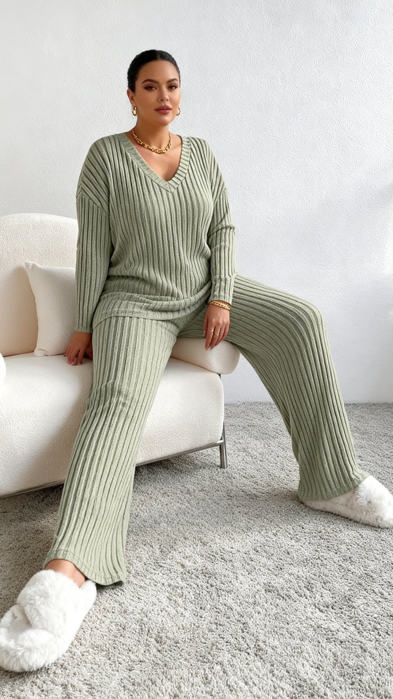 Women's Fall V-Neck Knit Two-Piece Set - Leisure Straight Leg Outfit