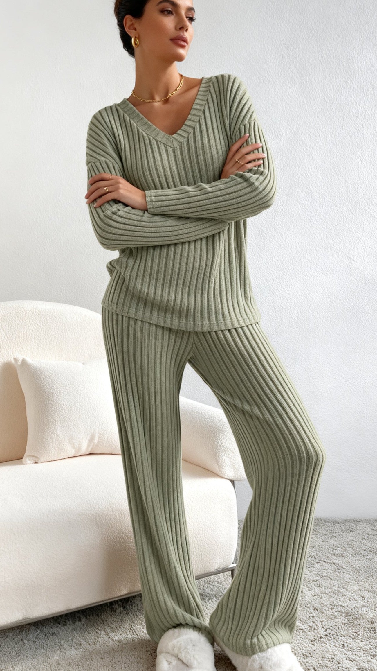 Women's Fall V-Neck Knit Two-Piece Set - Leisure Straight Leg Outfit