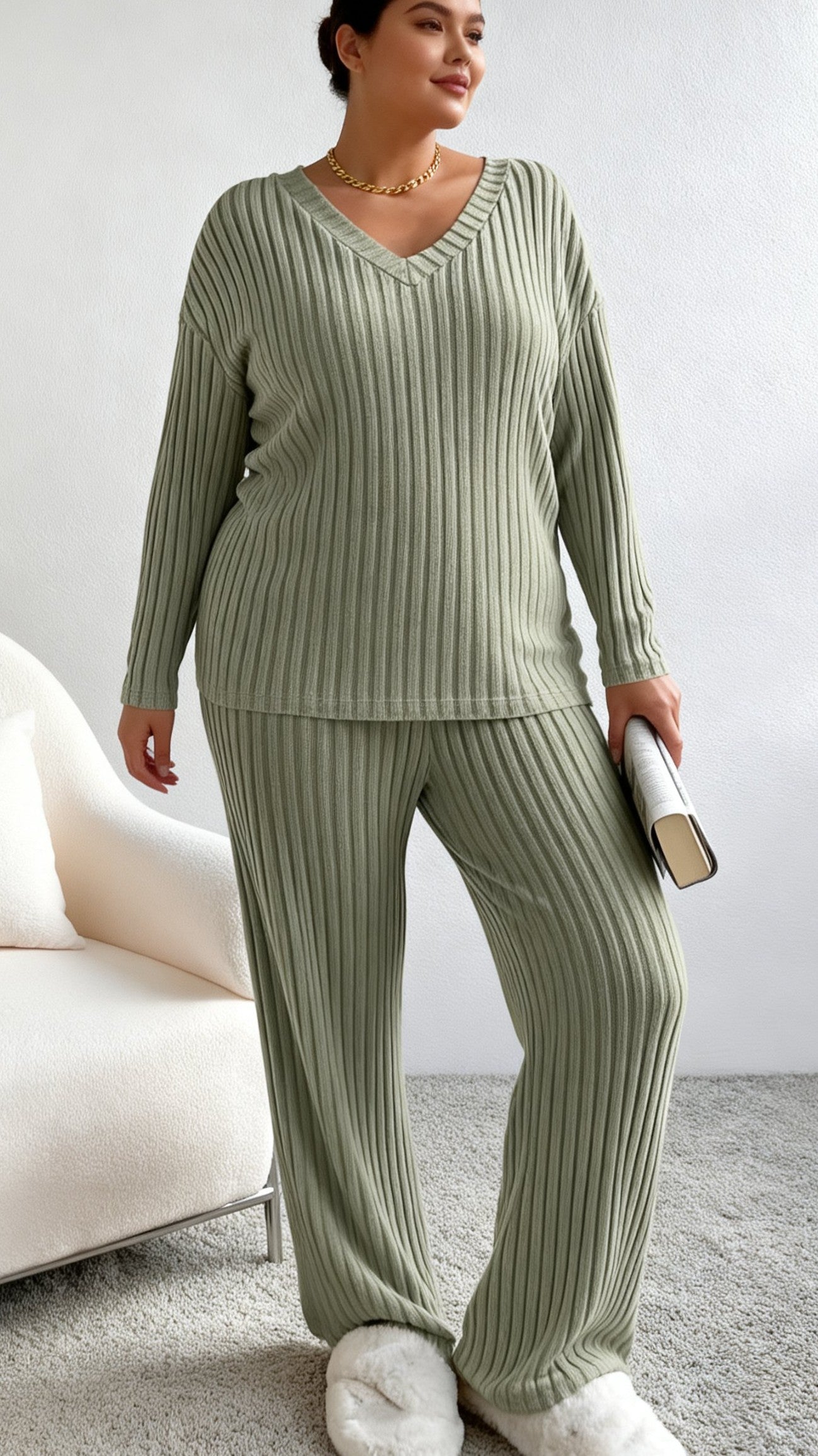 Women's Fall V-Neck Knit Two-Piece Set - Leisure Straight Leg Outfit