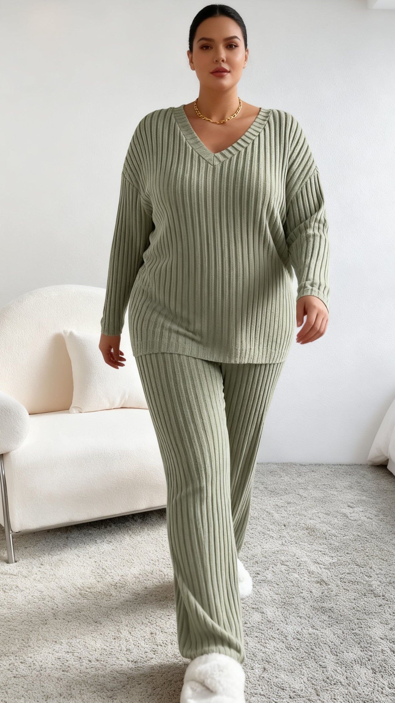 Women's Fall V-Neck Knit Two-Piece Set - Leisure Straight Leg Outfit