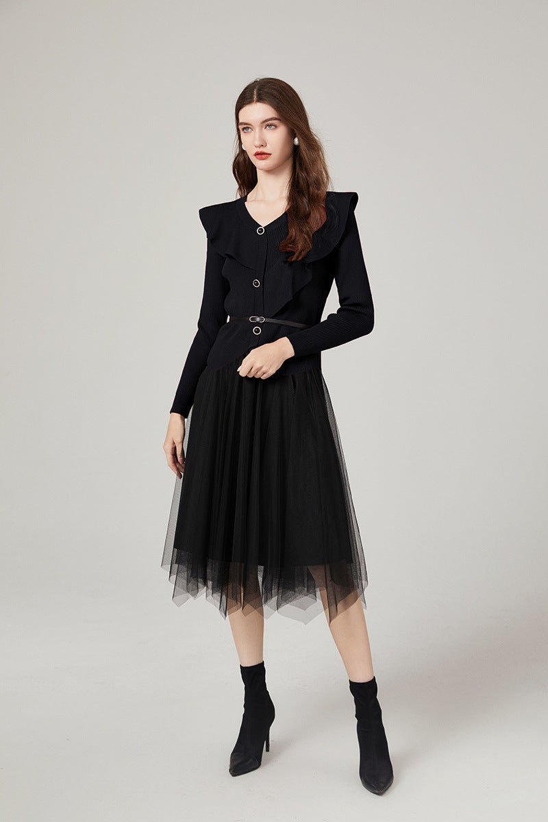 Women's V-Neck Lace Sweater & Mesh Dress Two-Piece Set