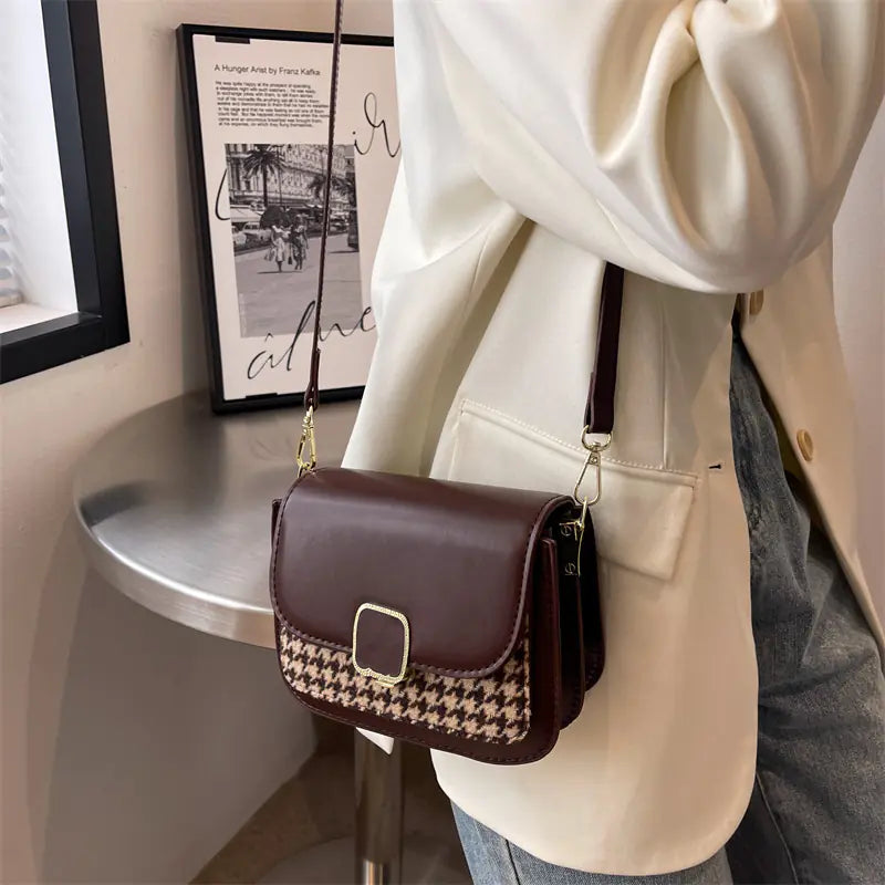 Houndstooth Woven Crossbody Bag - Trendy Square Messenger Bag | Lightweight 0.45kg Design