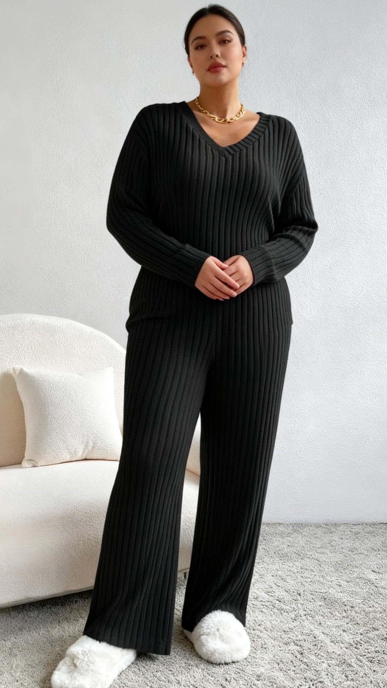 Women's Fall V-Neck Knit Two-Piece Set - Leisure Straight Leg Outfit