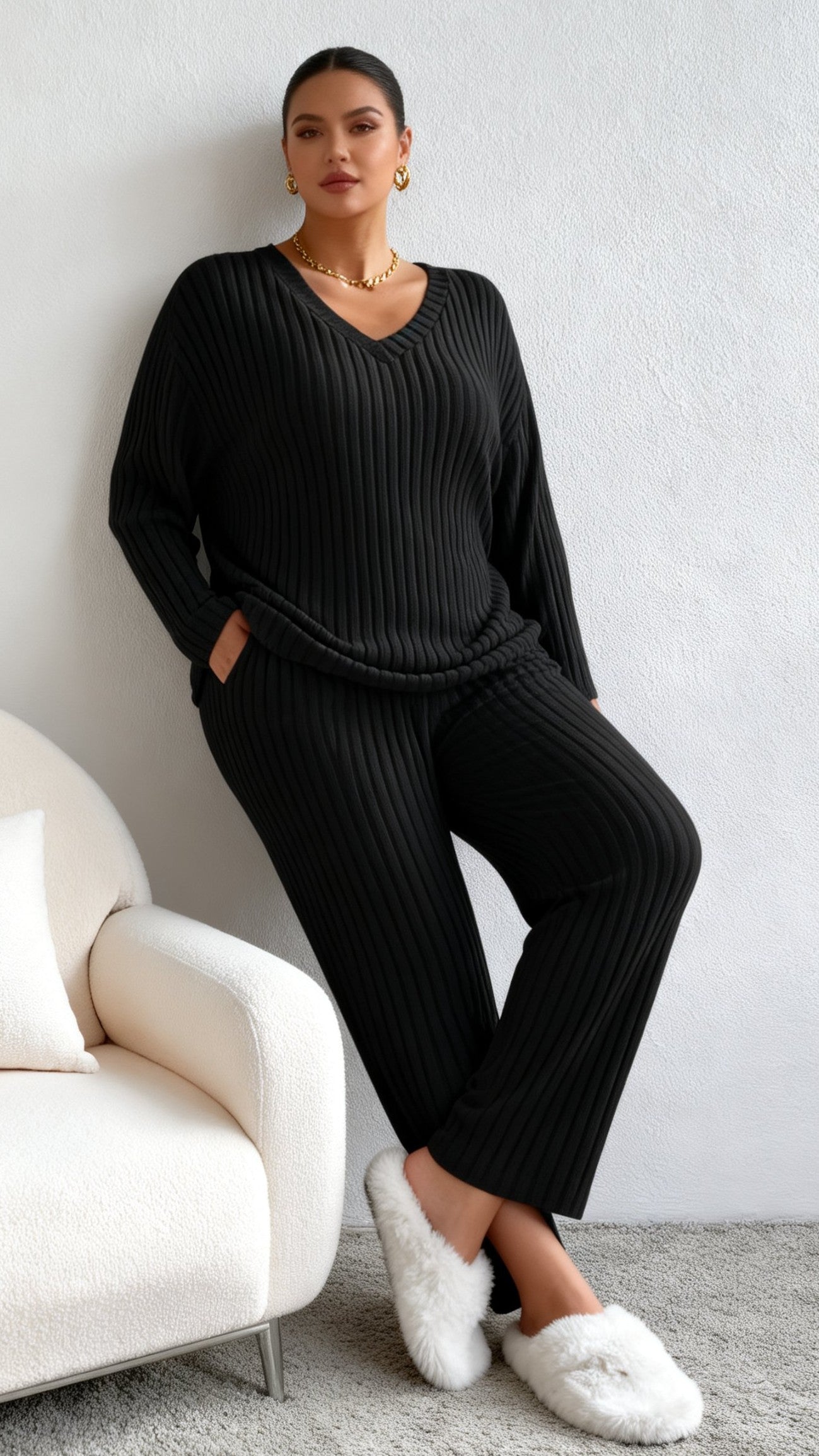 Women's Fall V-Neck Knit Two-Piece Set - Leisure Straight Leg Outfit