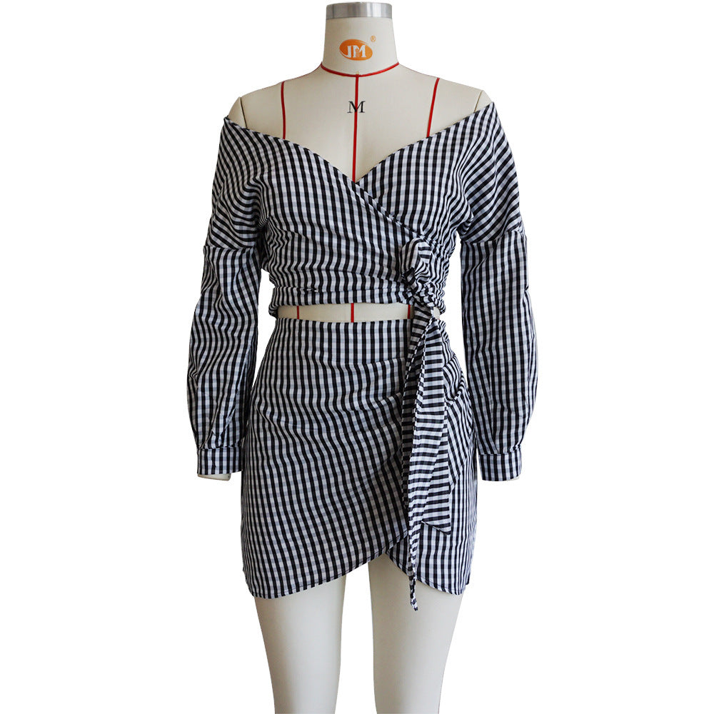 Women's Chiffon Two-Piece Set - V-Neck Top & Checkered Skirt