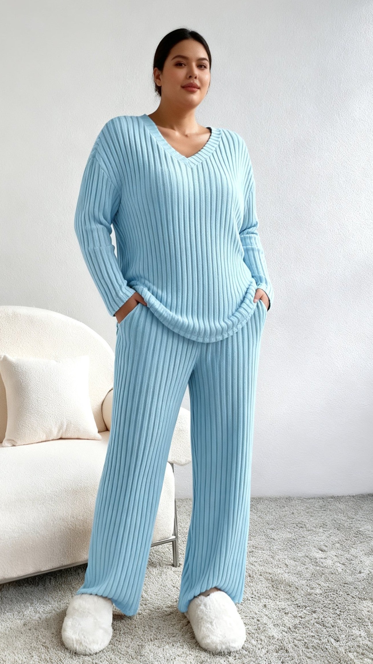 Women's Fall V-Neck Knit Two-Piece Set - Leisure Straight Leg Outfit