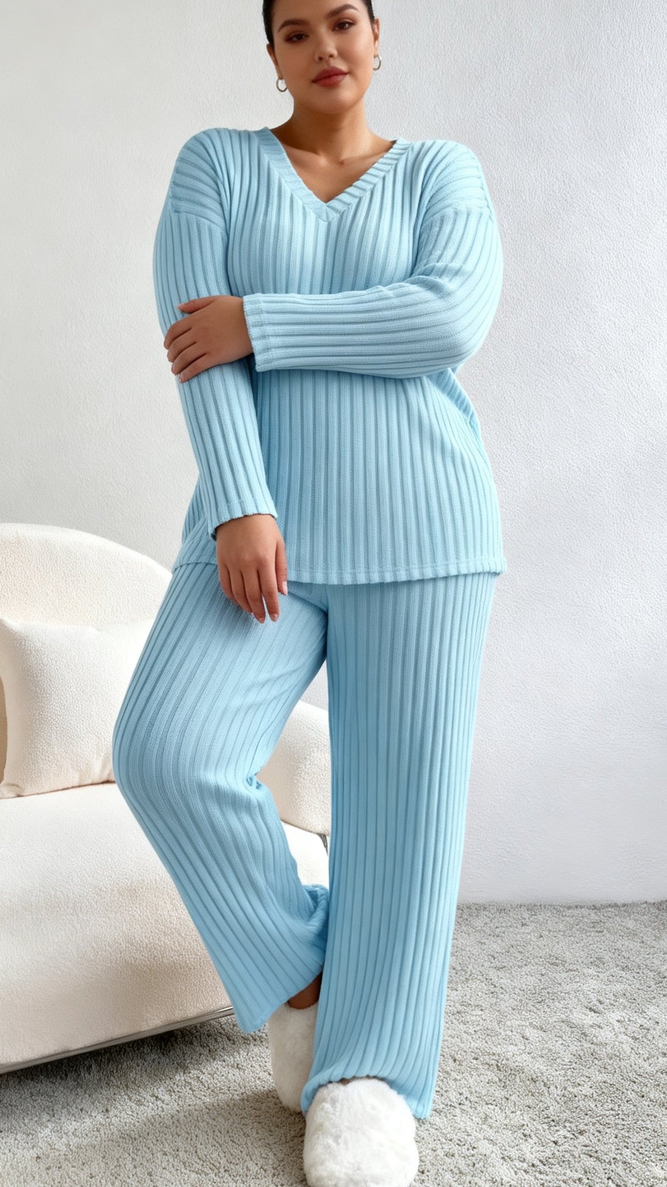 Women's Fall V-Neck Knit Two-Piece Set - Leisure Straight Leg Outfit