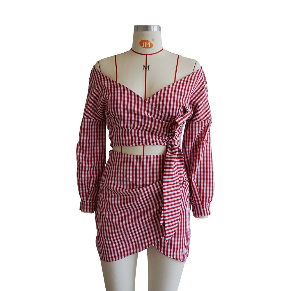 Women's Chiffon Two-Piece Set - V-Neck Top & Checkered Skirt