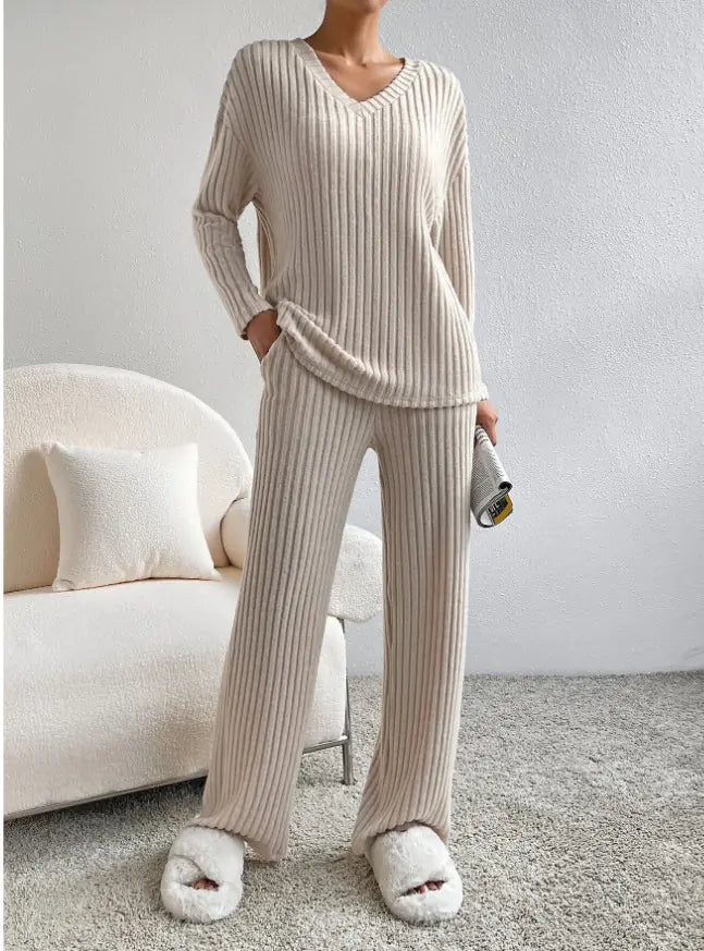 Women's Fall V-Neck Knit Two-Piece Set - Leisure Straight Leg Outfit