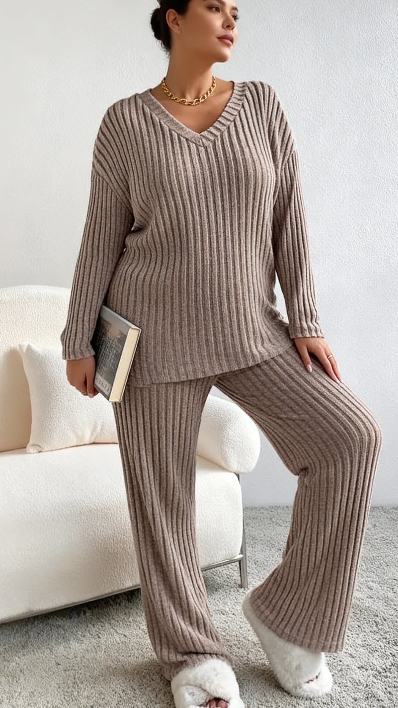 Women's Fall V-Neck Knit Two-Piece Set - Leisure Straight Leg Outfit