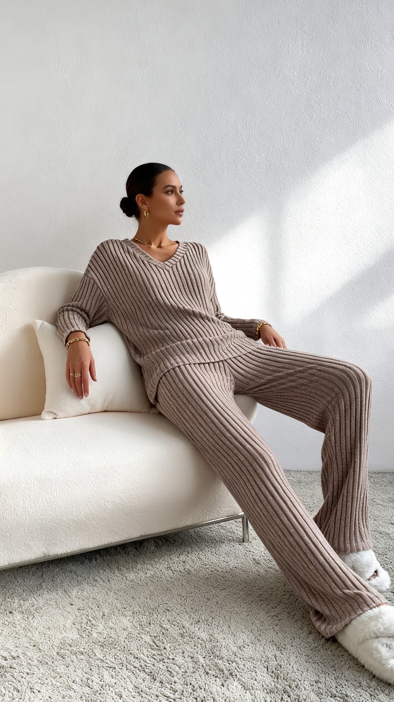 Women's Fall V-Neck Knit Two-Piece Set - Leisure Straight Leg Outfit