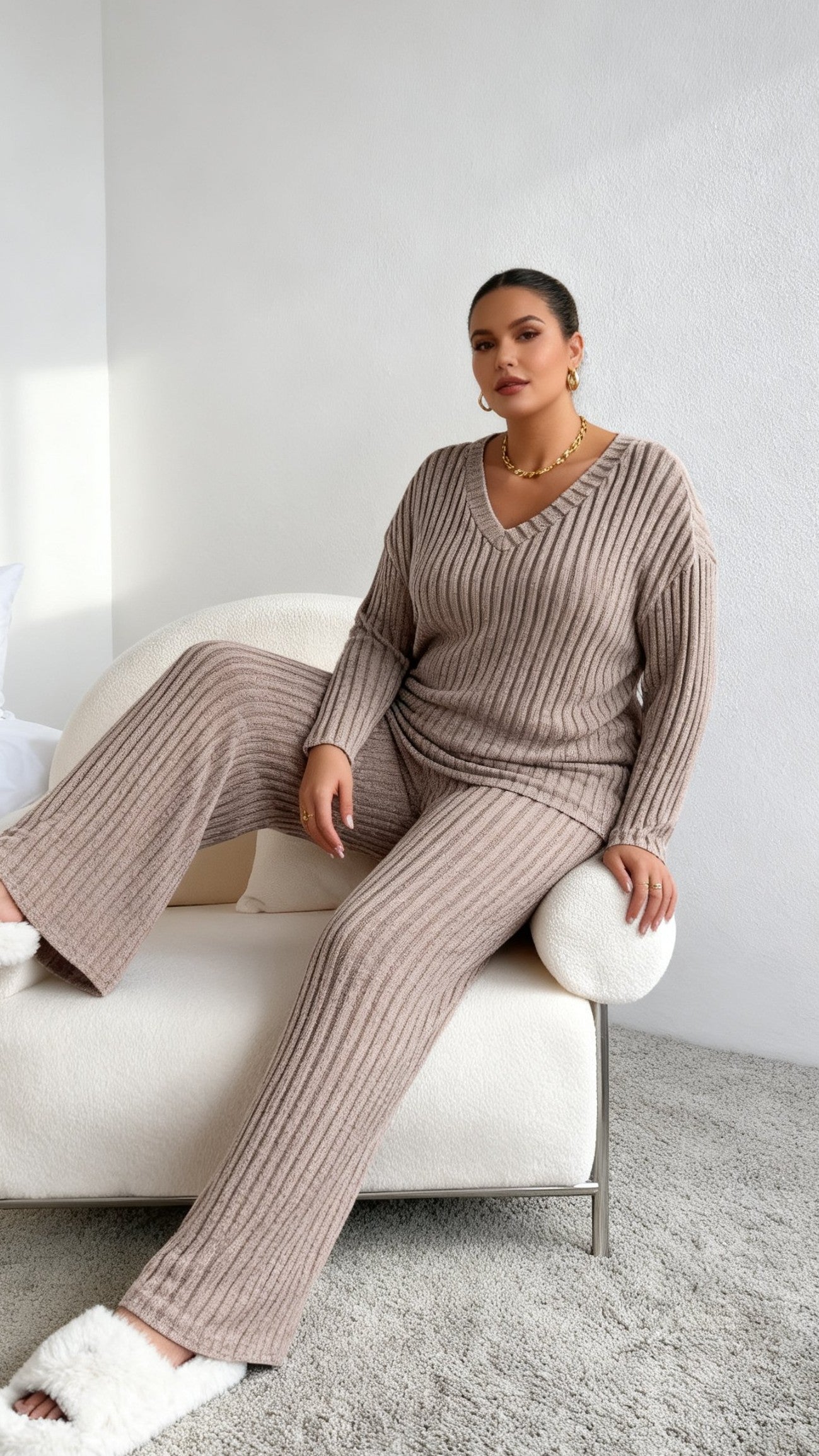 Women's Fall V-Neck Knit Two-Piece Set - Leisure Straight Leg Outfit