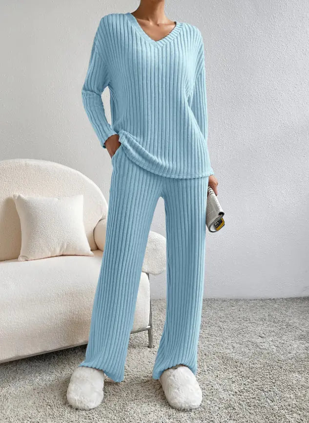 Women's Fall V-Neck Knit Two-Piece Set - Leisure Straight Leg Outfit