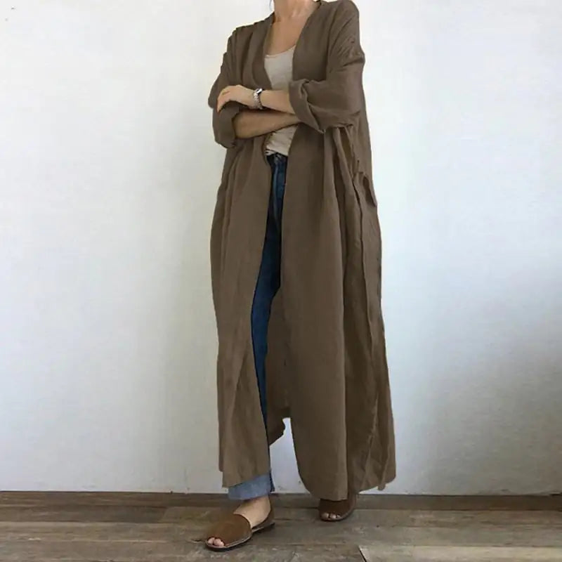 Women's Casual Long Sleeve Trench Coat - Cotton Linen Blend