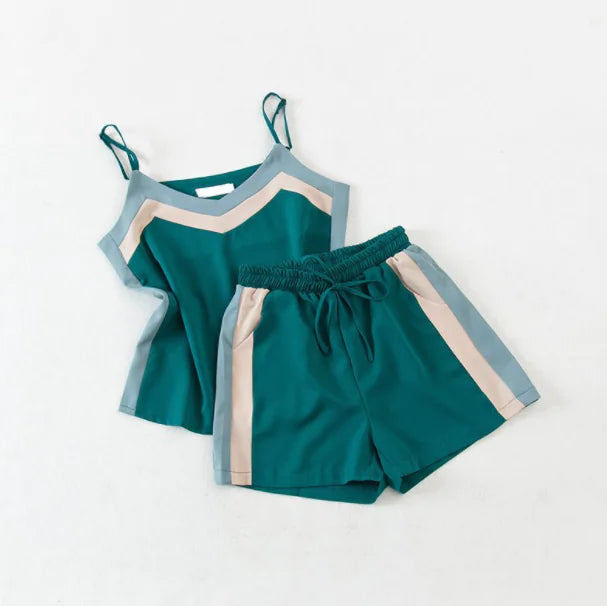 Fashion V-Neck Suspender Top & Wide-Leg Shorts Two-Piece Set