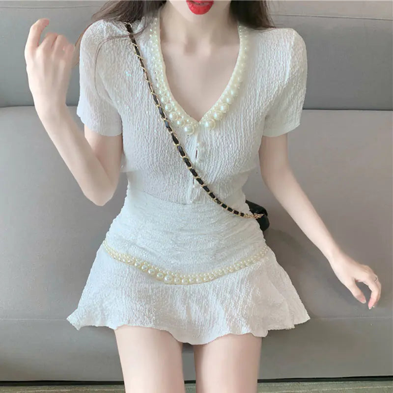 Fashion Vintage Two-Piece Set - V-Neck Top & A-Line Skirt