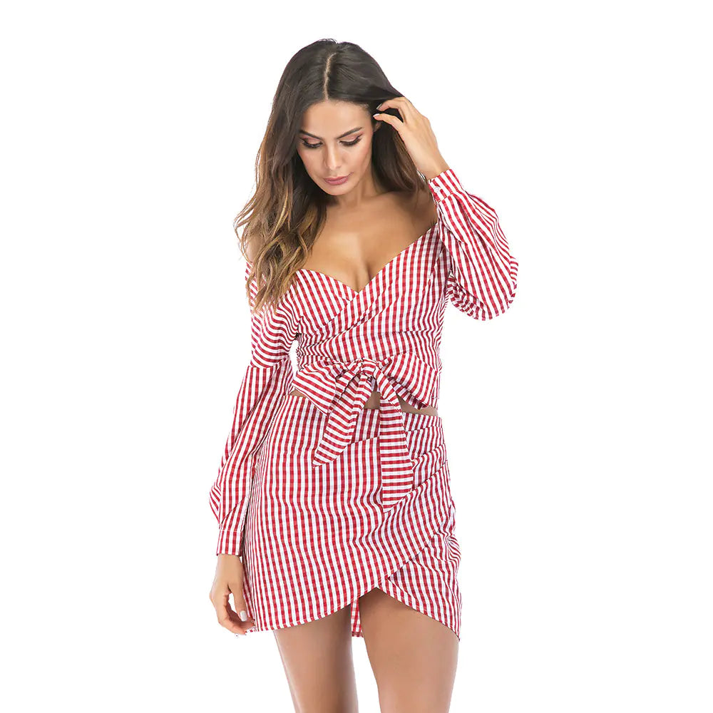 Women's Chiffon Two-Piece Set - V-Neck Top & Checkered Skirt