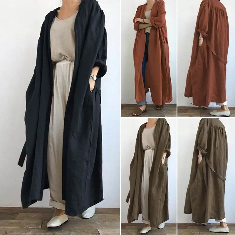 Women's Casual Long Sleeve Trench Coat - Cotton Linen Blend
